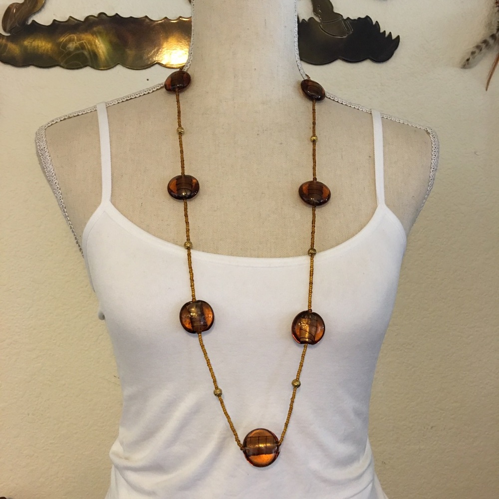 Vintage amber glass beads gold seed bead necklace